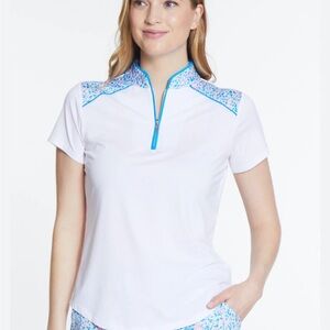 NWT SPORT HALEY Golf  Women McKenzie Short Sleeve Polo White W/Print ; Sz: L